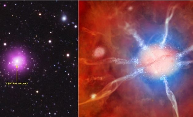 A Főnix galaxishalmaz és közepének illusztrációja