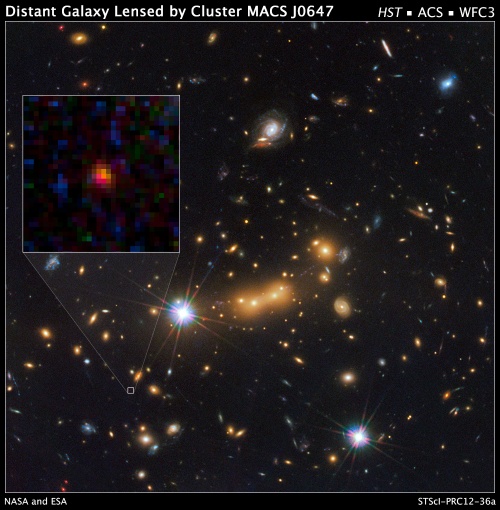 A kiemelt mezőben látható vörös objektum az Univerzum eddig felfedezett legtávolabbi extragalaxisa (Kép forrása: NASA/ESA)