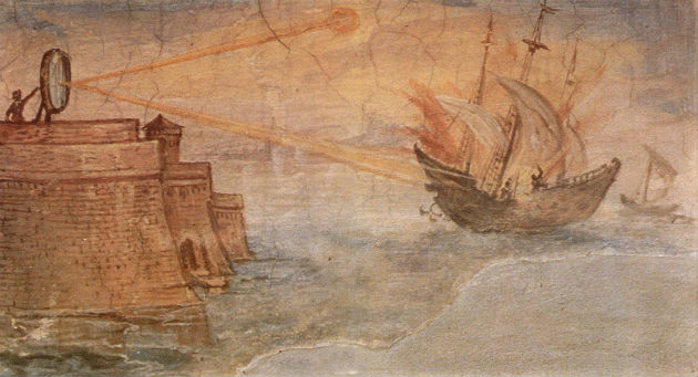 A legenda szerint egy római támadást úgy hiúsított meg, hogy tükrökkel felgyújtotta a támadó hajók vitorláit.