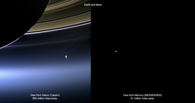 A Cassini és a Messenger fotója (Fotó: NASA/JPL-Caltech/Űrtudományi Intézet/ NASA/Johns Hopkins Egyetem Alkalmazott Fizikai Laboratórium/Washingtoni Carnegie Intézet)