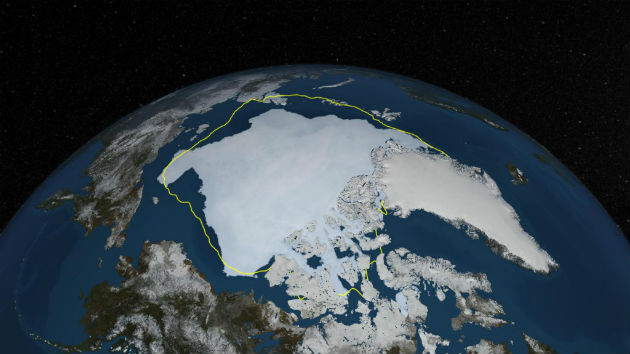 Az Arktisz tengerijég-takarója 2013. szeptember 12-én. A sárga vonal a 30 éves átlagos minimális kiterjedést jelöli. (Fotó: Hirado.hu/NASA Goddard's Scientific Visualization Studio/Cindy Starr