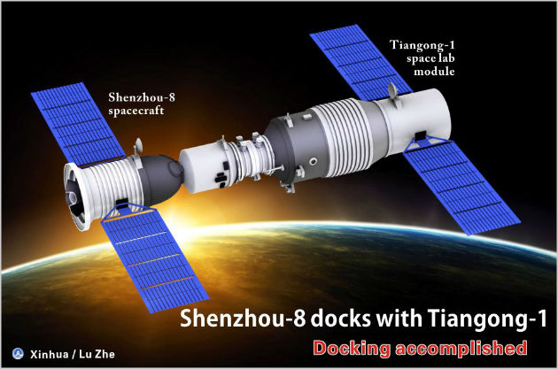 Grafikus ábra, amelyen a Sencsou-8 kínai ember nélküli űrhajónak (b) és a Föld körül keringő Tienkung-1-nek, a tervezett kínai űrállomás első moduljának (j) összekapcsolódása látható 2011-ben. (Fotó: Hirado.hu/MTI/Hszinhua/Lu Csö)