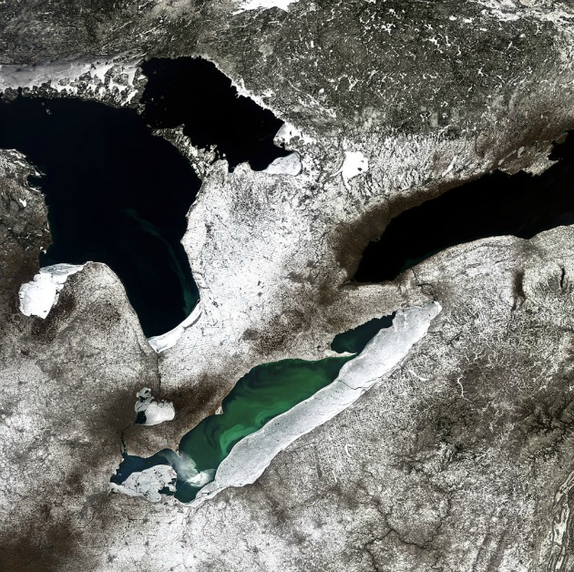 A Nagy-tavak három képviselője: Erie, Huron és Ontario (Fotó: ESA)