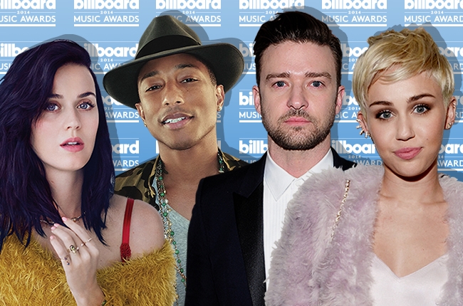 Az est győztesei: Katy Perry, Pharrell, Justin Timberlake, Miley Cyrus (Fotó: billboard.com)