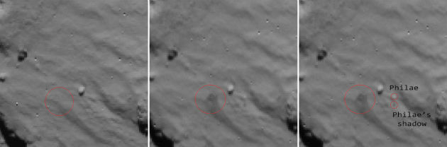 Az ESA által november 16-án közreadott felvétel a Philae landolási helyét mutatja érkezés és felpattanás után a Rosetta kamerájával. Az első képen a felszín látható a landolás előtt, a második és a harmadikon a landolást követően. A vörös kör a felvert porfelhő árnyékát jelöli ki, a harmadik képen a Philae-t és árnyékát jelölték ki hasonló módon. (Fotó: hiradeo.hu/AFP/ESA)