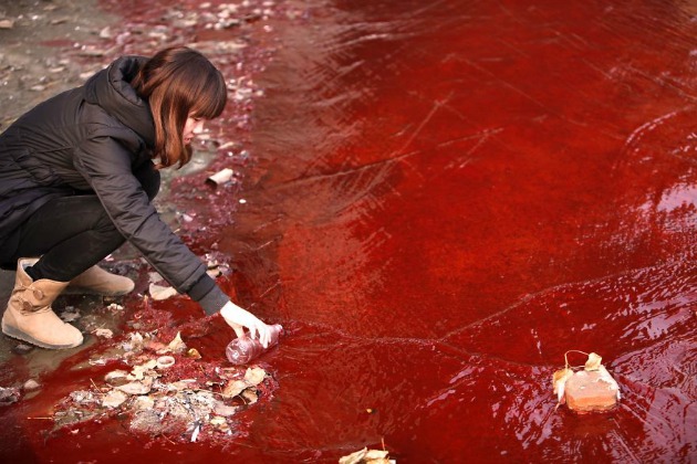 Egy újságíró mintát vesz a vörös szennyezett vízből