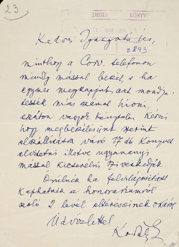 Kodály Zoltán levele a Corvina Kiadónak 1959. – Kézirattár